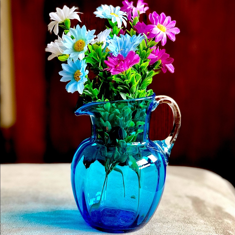 Vintage Blue Art Glass 6” Pitcher